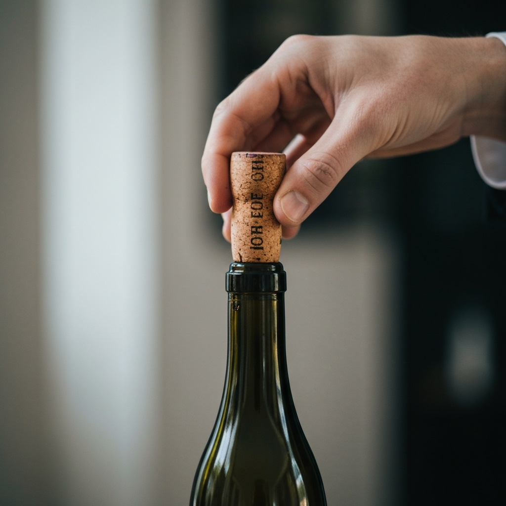 Close-up shot of a hand gently pulling a partially emerged cork from a wine bottle. The cork is slightly textured and has wine stains. Soft bokeh in the background.