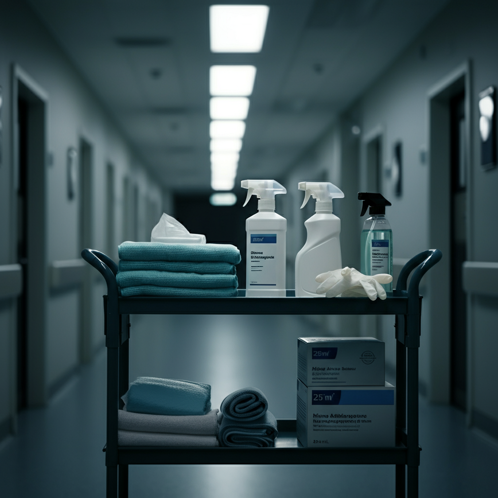 A well-stocked cleaning cart in a brightly lit hospital hallway, showcasing bottles of disinfectant, microfiber cloths neatly stacked, and a box of disposable gloves. Soft focus on the background.