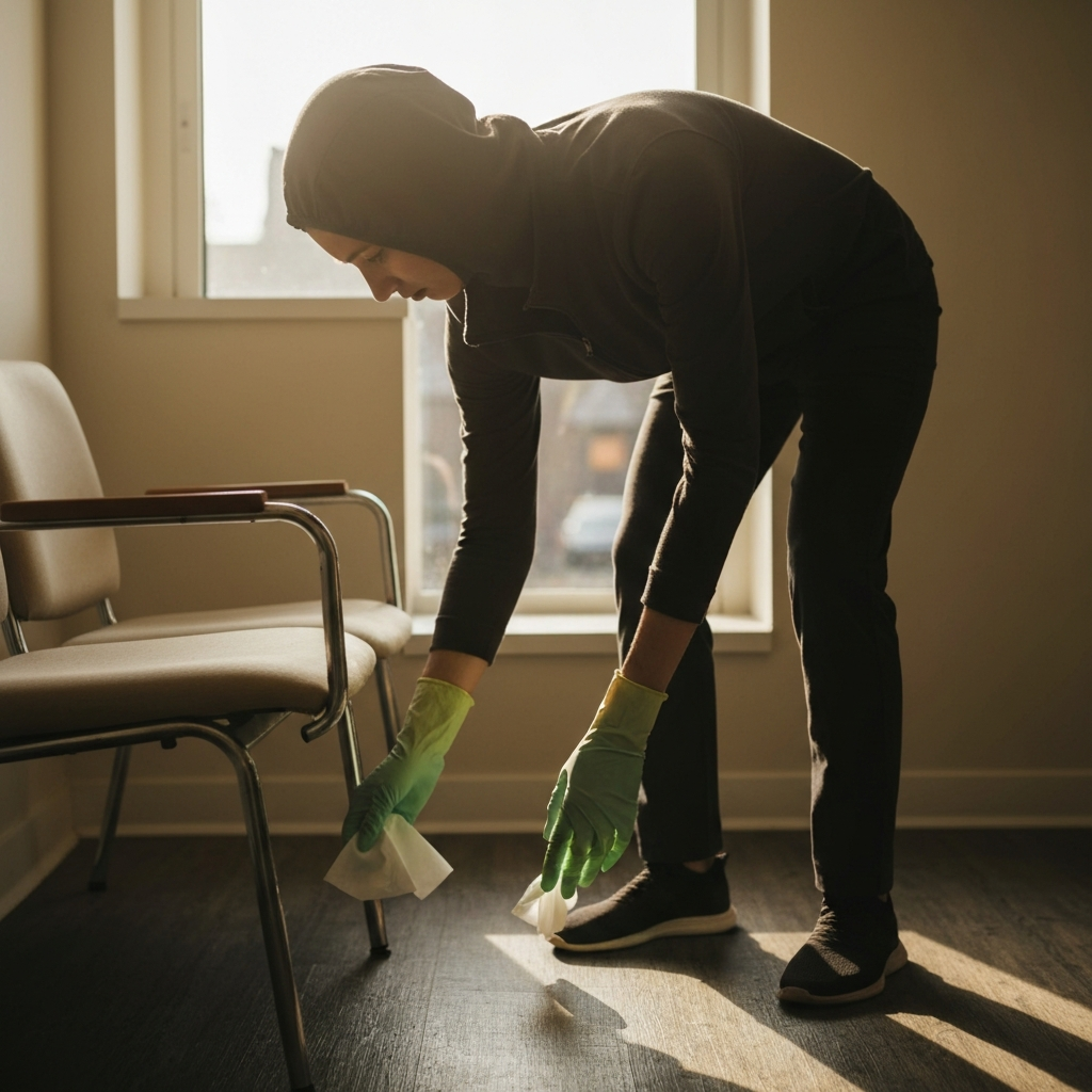 A cleaning staff member wearing gloves, bending down to pick up a discarded tissue from under a waiting room chair. Natural light from a nearby window illuminates the scene.