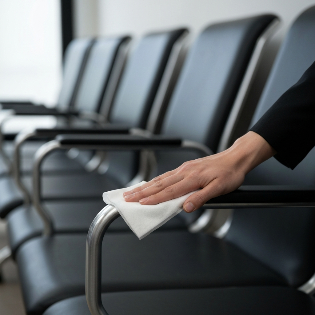A close-up of a hand wiping down an armrest of a waiting room chair with a disinfectant wipe. Soft bokeh in the background shows other waiting room chairs.