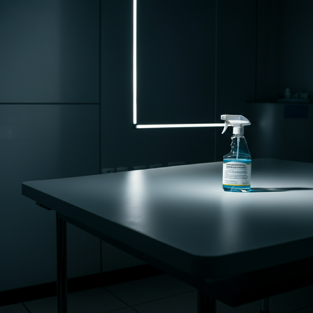 Empty table in a waiting room with a spray bottle of disinfectant placed next to it, ready for cleaning. The lighting is even and professional.