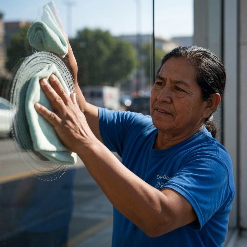 A cleaning worker wiping a large glass window with a microfiber cloth, using circular motions. The window is reflecting sunlight, and the background is slightly blurred.