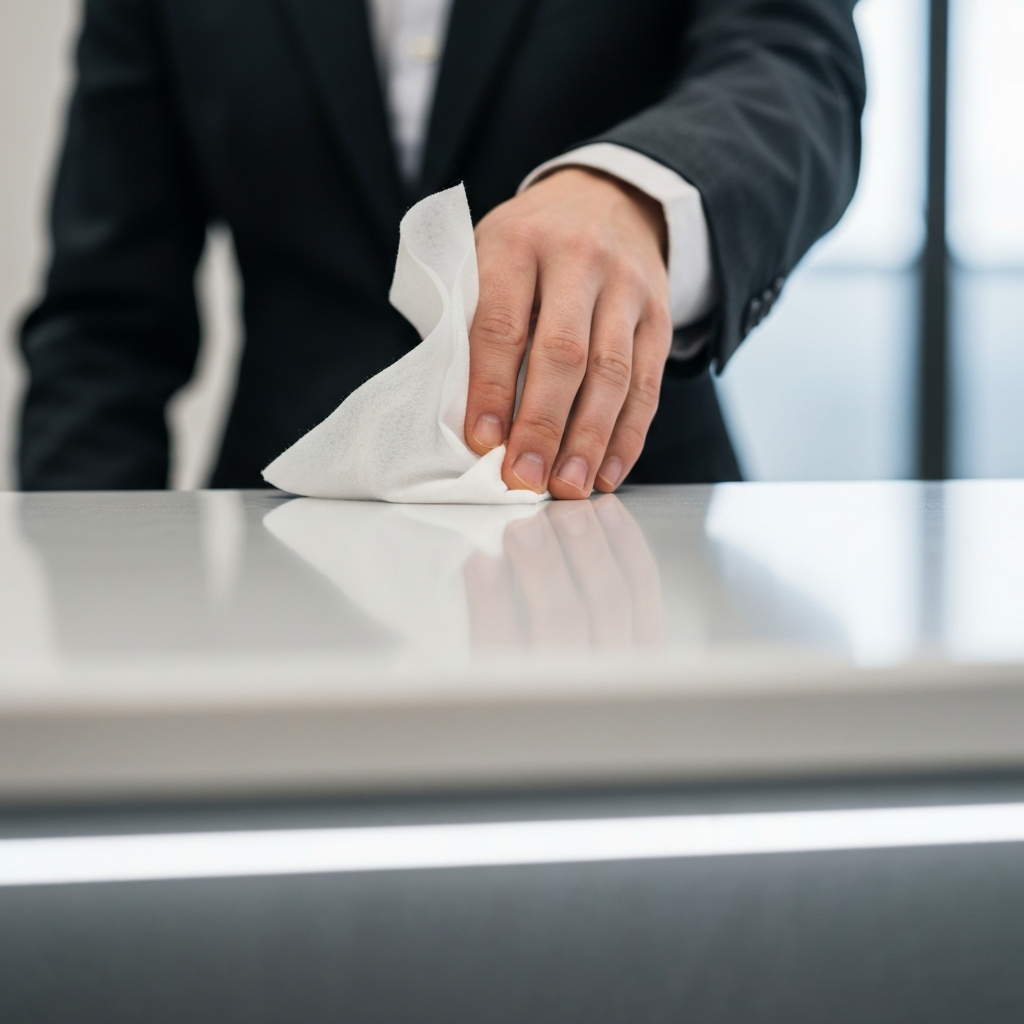 Close-up of a receptionist counter being wiped down with disinfectant wipes. The focus is on the clean surface and the texture of the wipes.