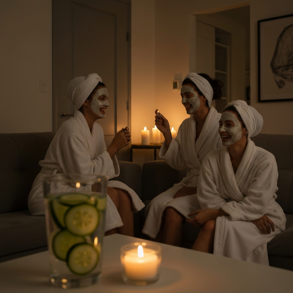 A dimly lit living room transformed into a spa with soft lighting, candles, and friends wearing bathrobes and face masks, laughing and chatting. Cucumber slices floating in a glass of water are in the foreground.