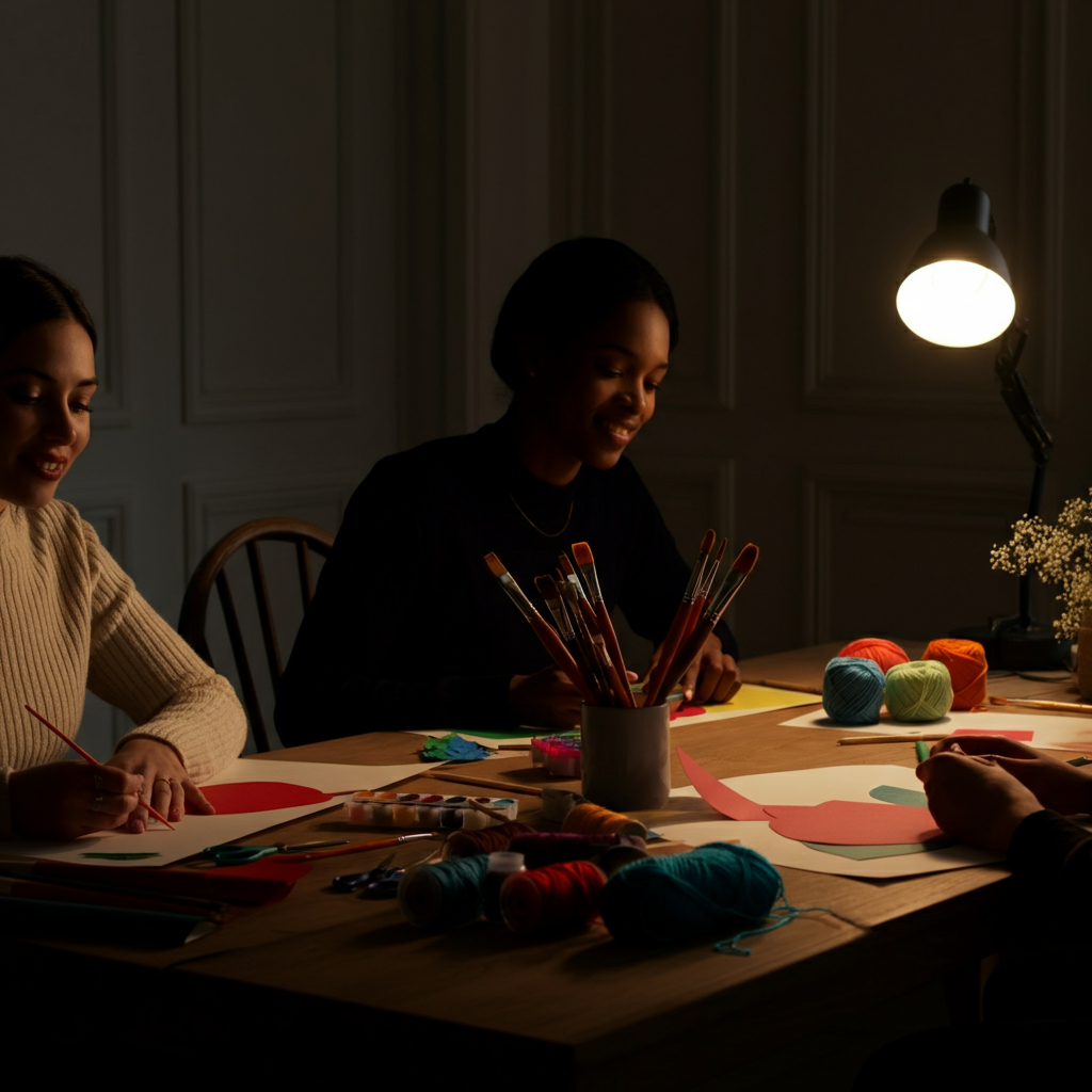 A brightly lit dining room table covered in art supplies like paintbrushes, colorful yarn, and construction paper. Friends are focused on their individual projects, with smiles and collaborative energy.