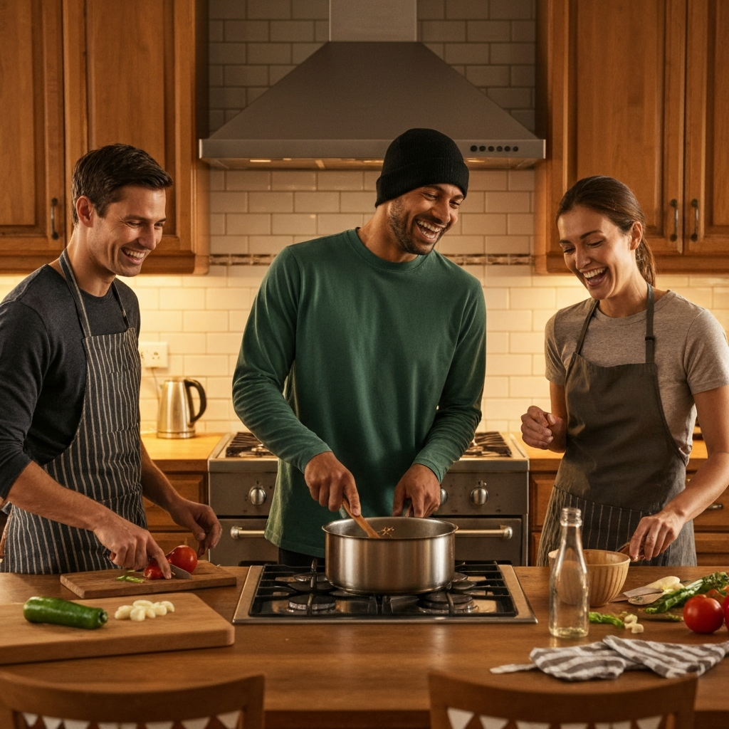 A warmly lit kitchen with friends laughing and cooking together. Someone is stirring a pot on the stove, another is chopping vegetables, and another is setting the table with themed decorations.