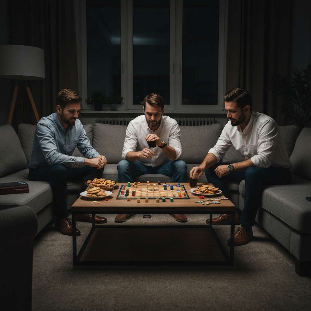 A living room at night, with friends gathered around a coffee table playing a board game. Snacks and drinks are visible, and the atmosphere is lively and engaging.