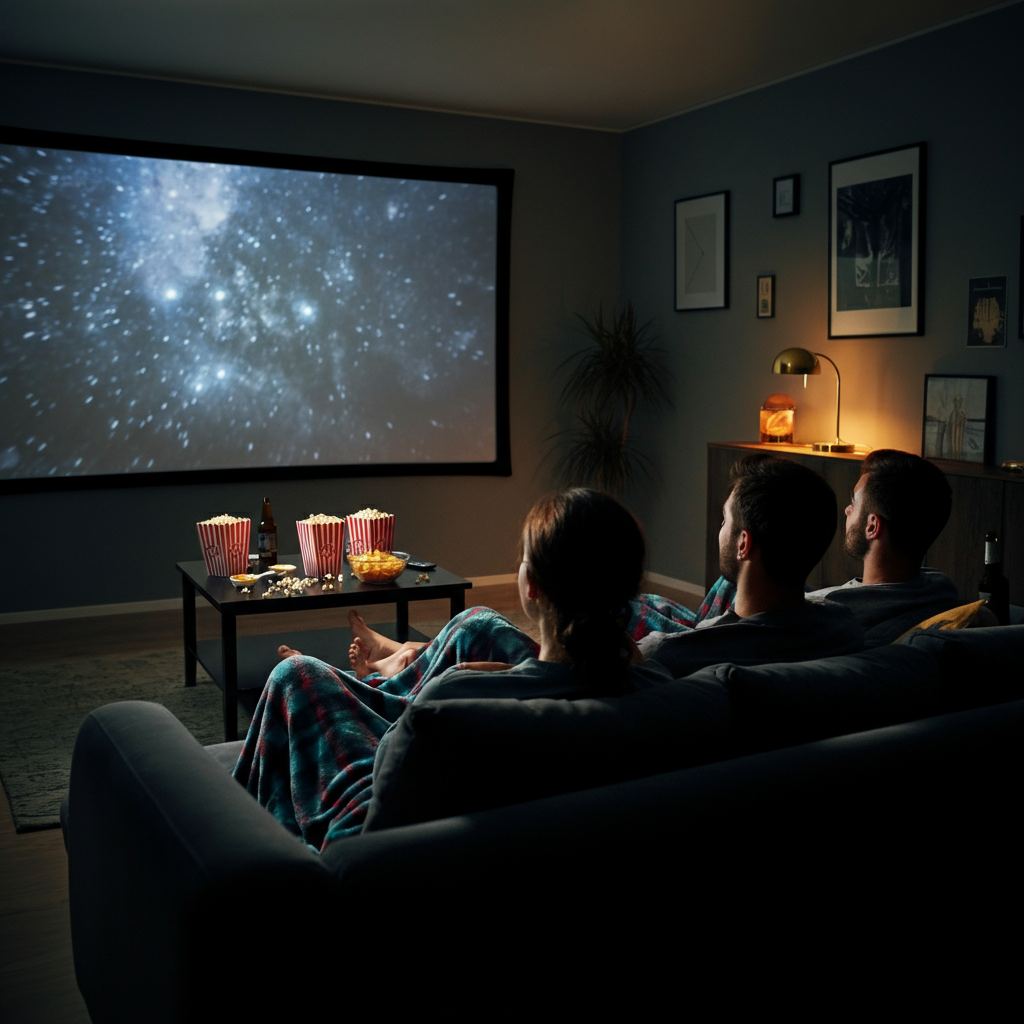 A dimly lit living room with friends snuggled under blankets on a couch, watching a movie on a large screen. Popcorn and other snacks are scattered around the room.