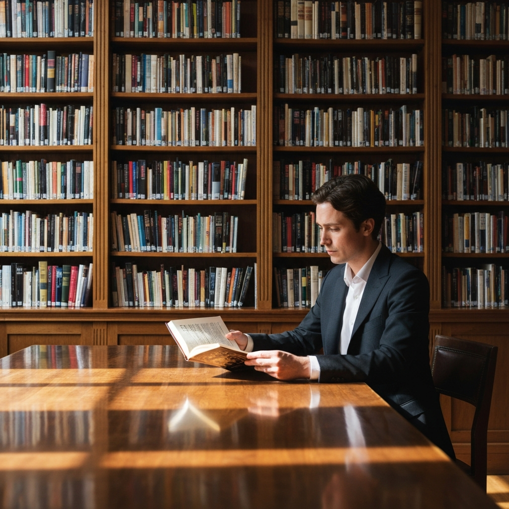 A well-lit library interior. Bookshelves are filled with volumes. A person is sitting at a wooden table, reading a history book with a focused expression. Soft light streams in through a window, illuminating the pages.