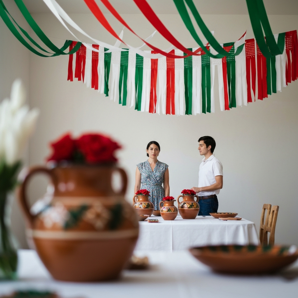 A brightly decorated room. Red, white, and green streamers hang from the ceiling. A table is set with a white tablecloth and Mexican pottery. Soft bokeh creates a depth of field, blurring the background.