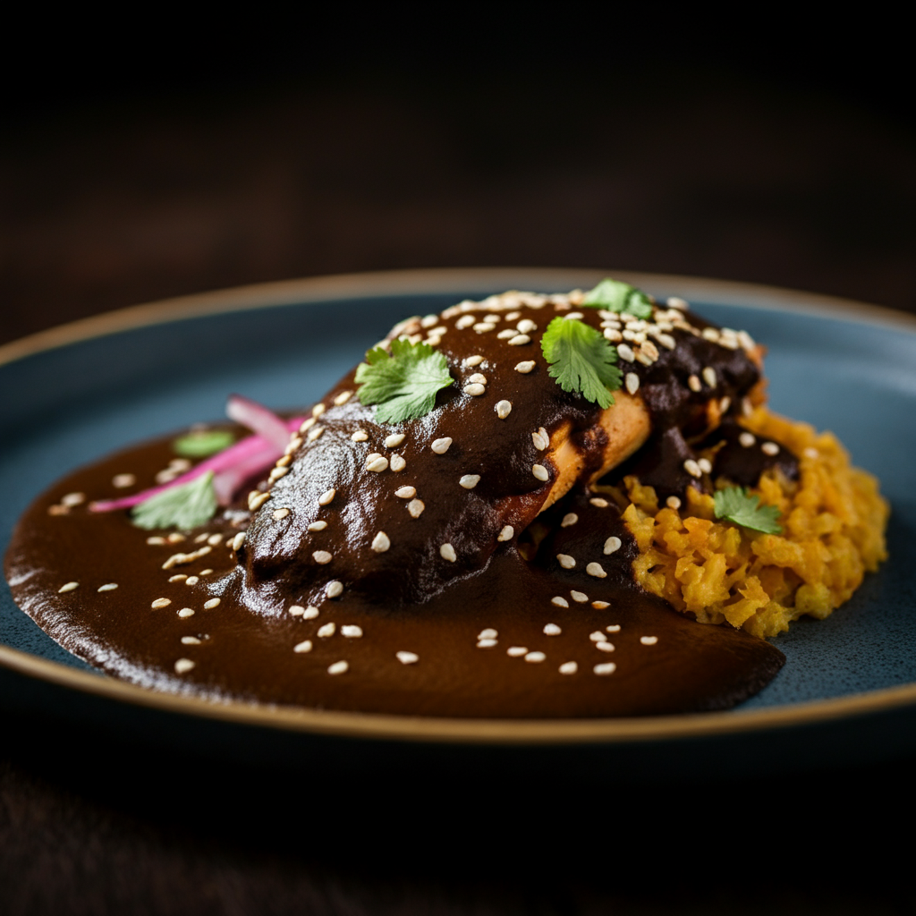 A close-up shot of a beautifully plated dish of mole poblano. The rich, dark sauce is drizzled over tender chicken. Side-lit texture reveals the complex ingredients. Golden hour lighting enhances the colors.