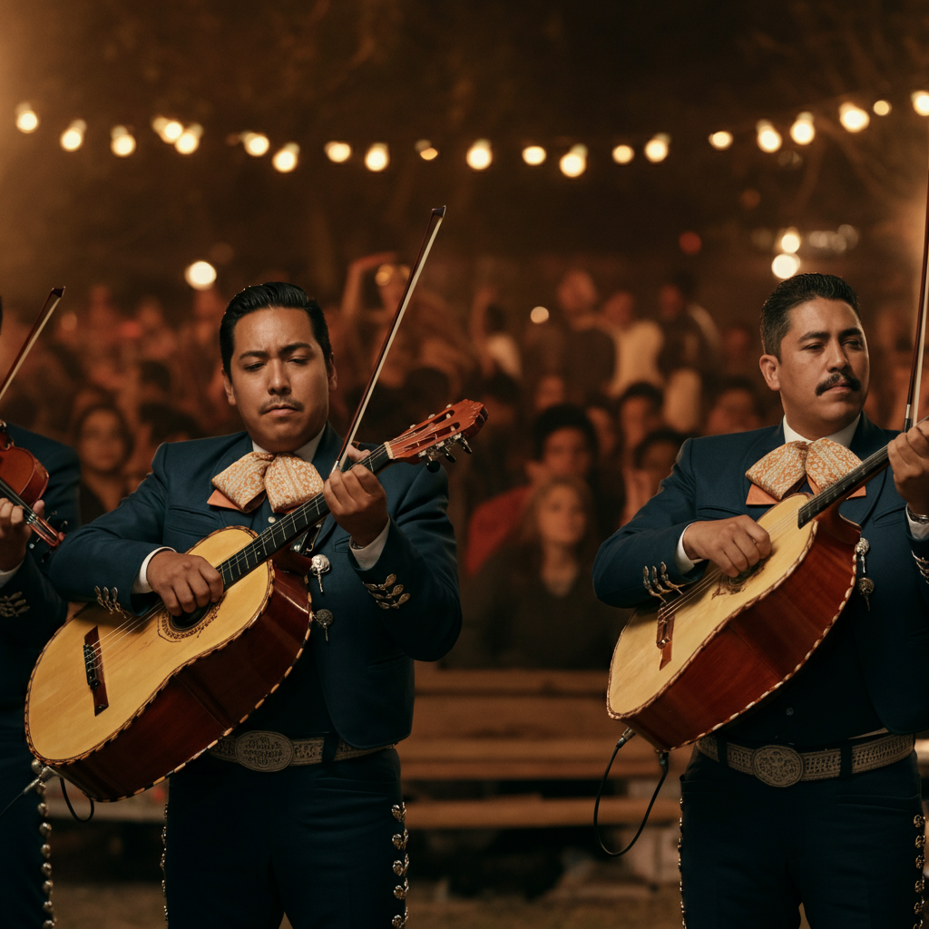 A mariachi band is performing on an outdoor stage. Musicians are wearing traditional charro outfits. The background features a crowd of people enjoying the music. Natural lighting captures the vibrant atmosphere.
