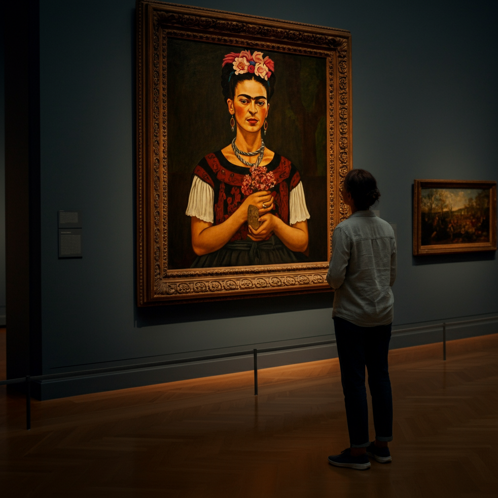 A museum interior. A person is standing in front of a painting by Frida Kahlo, examining the artwork with interest. Natural light filters through a large window, illuminating the painting.