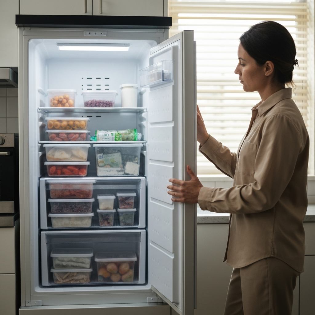 A person opening their current freezer. The freezer is half-full with various frozen items in organized containers. Soft, diffused light coming from the kitchen window.