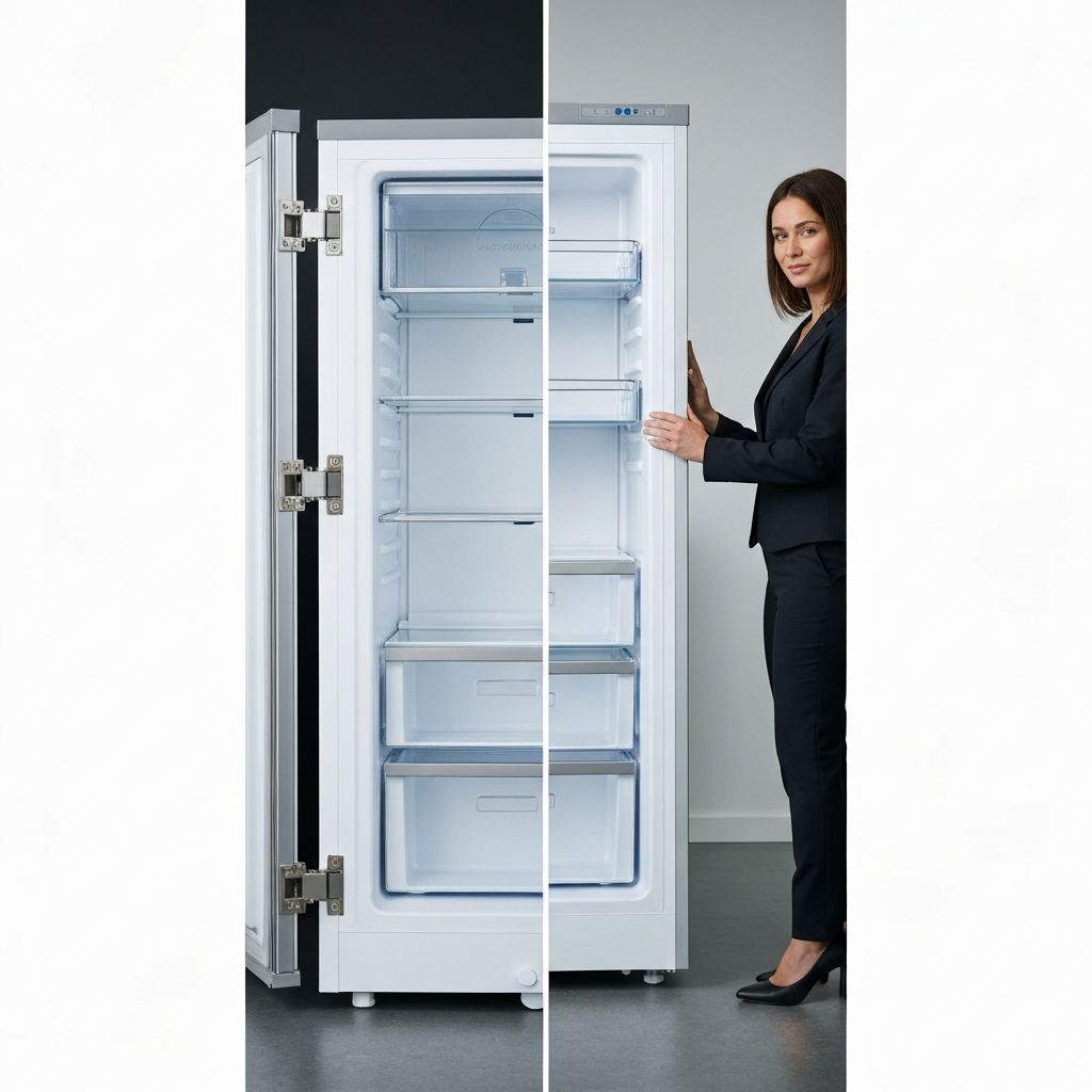 A side-by-side comparison of a chest freezer and an upright freezer in a brightly lit appliance showroom. Focus on the door hinge mechanism of the upright freezer and the spacious interior of the chest freezer.