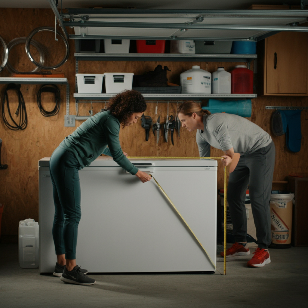 A person using a measuring tape to measure the width and depth of a potential freezer location in their garage. The garage is well-lit and organized.