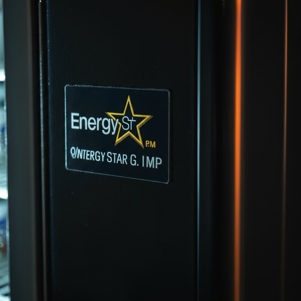 A close-up of an Energy Star label on a freezer door in a retail store. The label is well-lit and easy to read. Shallow depth of field to isolate the label.