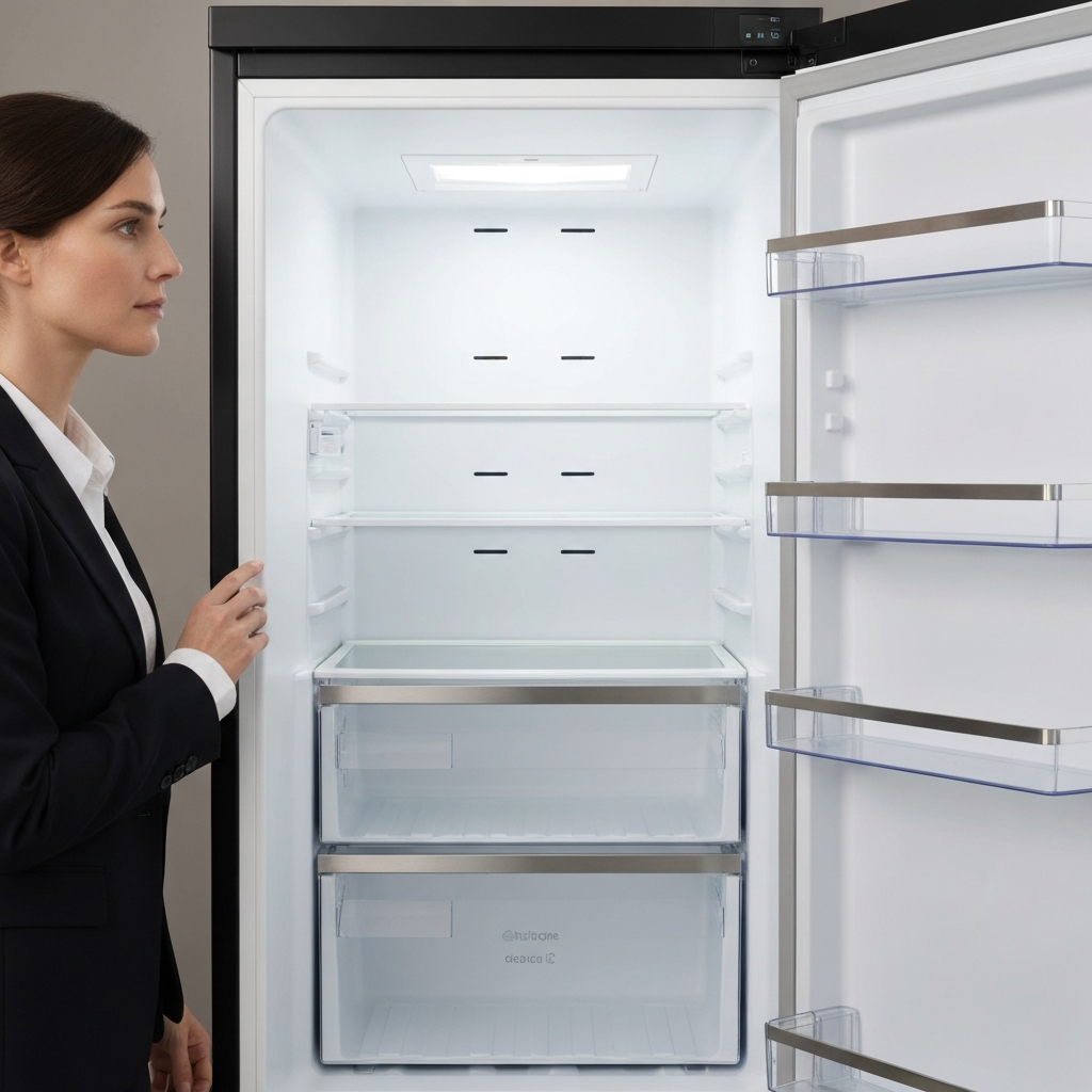 A medium shot of the inside of an upright freezer showcasing adjustable shelves and door bins. The freezer is clean and well-organized. Soft, natural lighting.