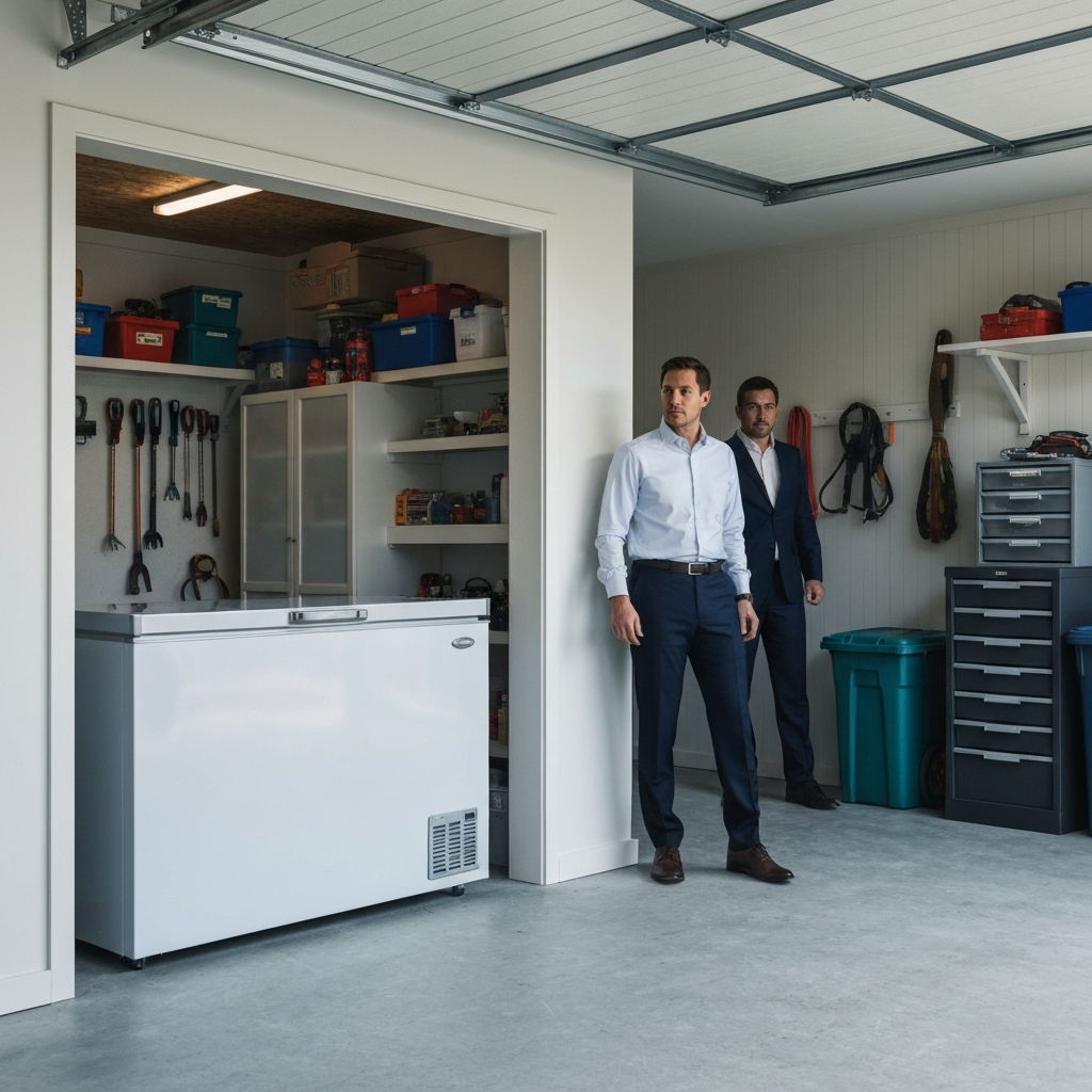 A well-lit garage with a freezer positioned against one wall. Tools and storage bins are visible in the background, suggesting a typical home garage environment.