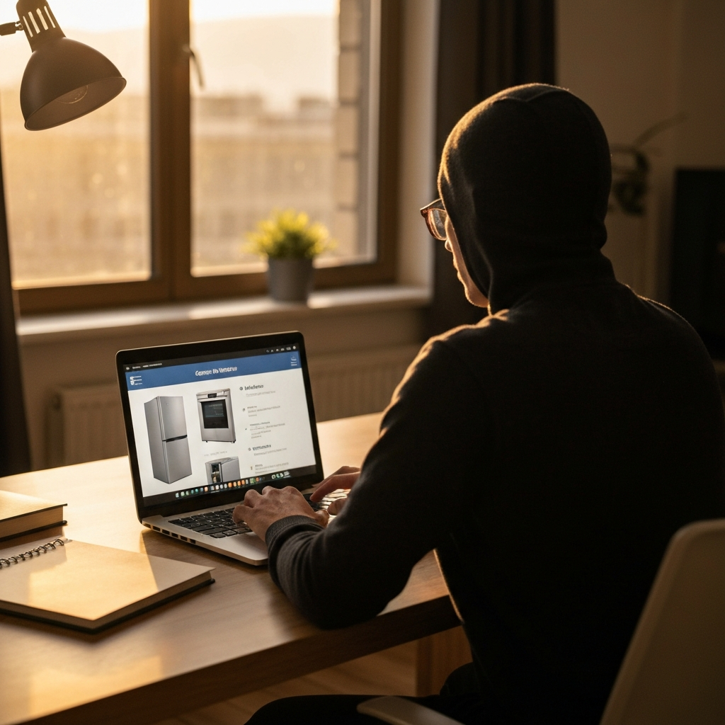 A person sitting at a desk, looking at a laptop screen displaying customer reviews of freezers. The room is well-lit and the person appears focused and engaged.