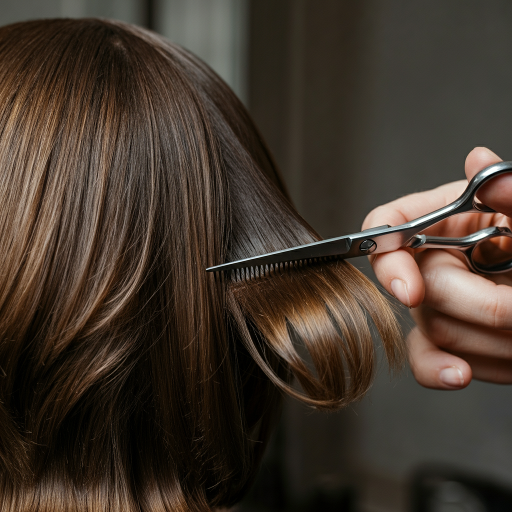 Close up of a stylist using texturizing shears on a section of medium-brown hair. The hair is side-lit, showing the individual strands. The stylist's hands are blurred, indicating movement.