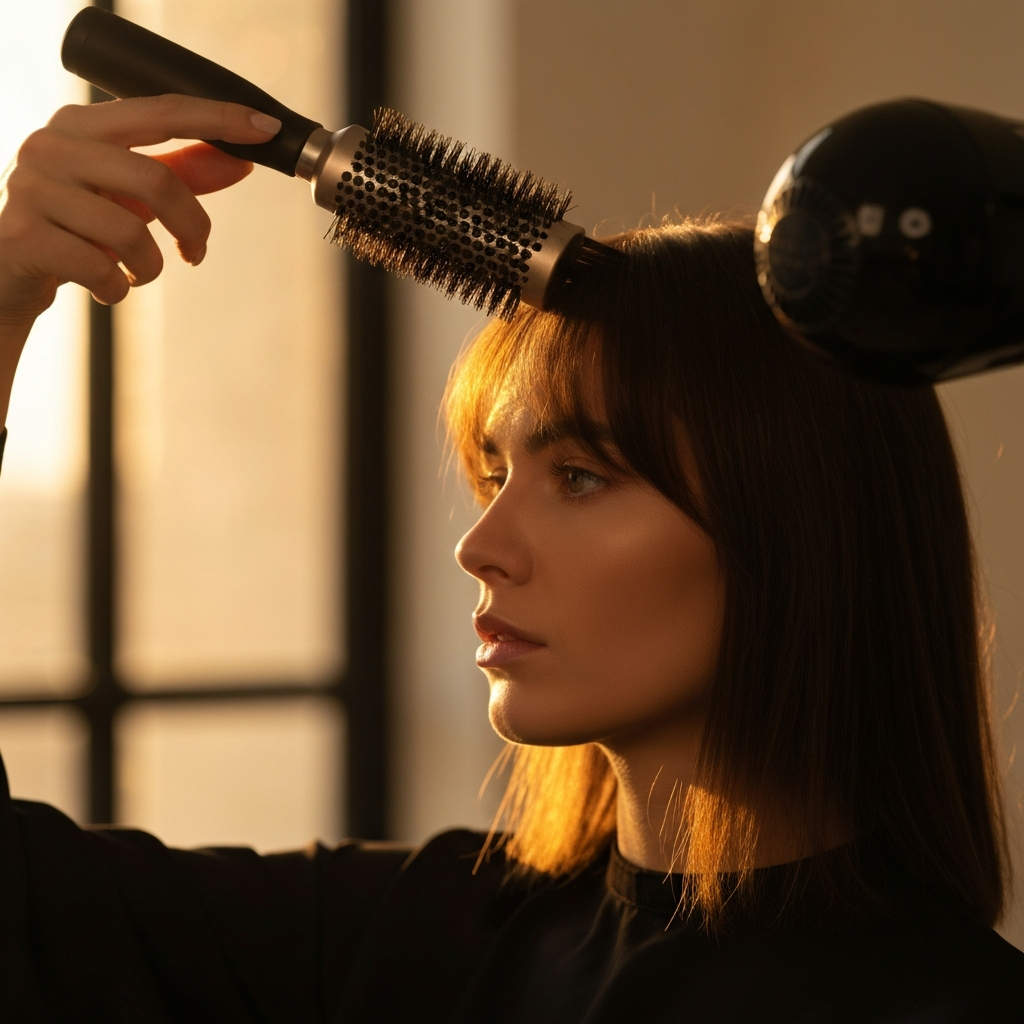 A person using a round brush and a hairdryer to style their curtain bangs. The hair is being lifted at the roots. Golden hour lighting through a window creates a warm glow.