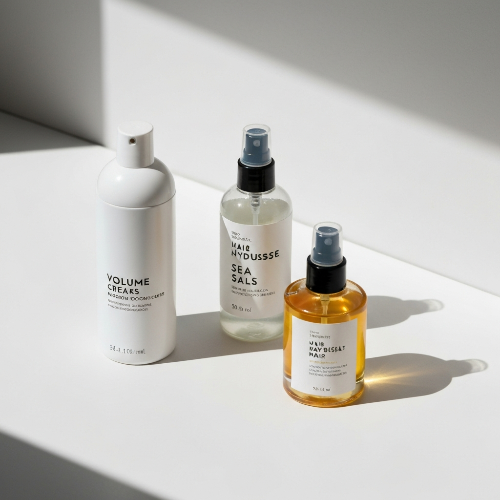 A selection of hair styling products arranged on a clean, white surface. Products include a mousse, sea salt spray, and hair oil. Soft shadows create depth.