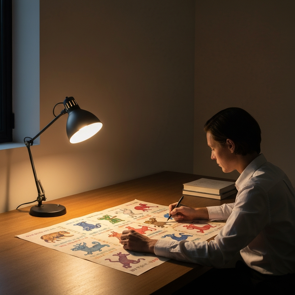 A person sitting at a desk illuminated by a warm lamp, studying a colorful chart depicting the Chinese zodiac animals. The chart has textured paper and calligraphic details.
