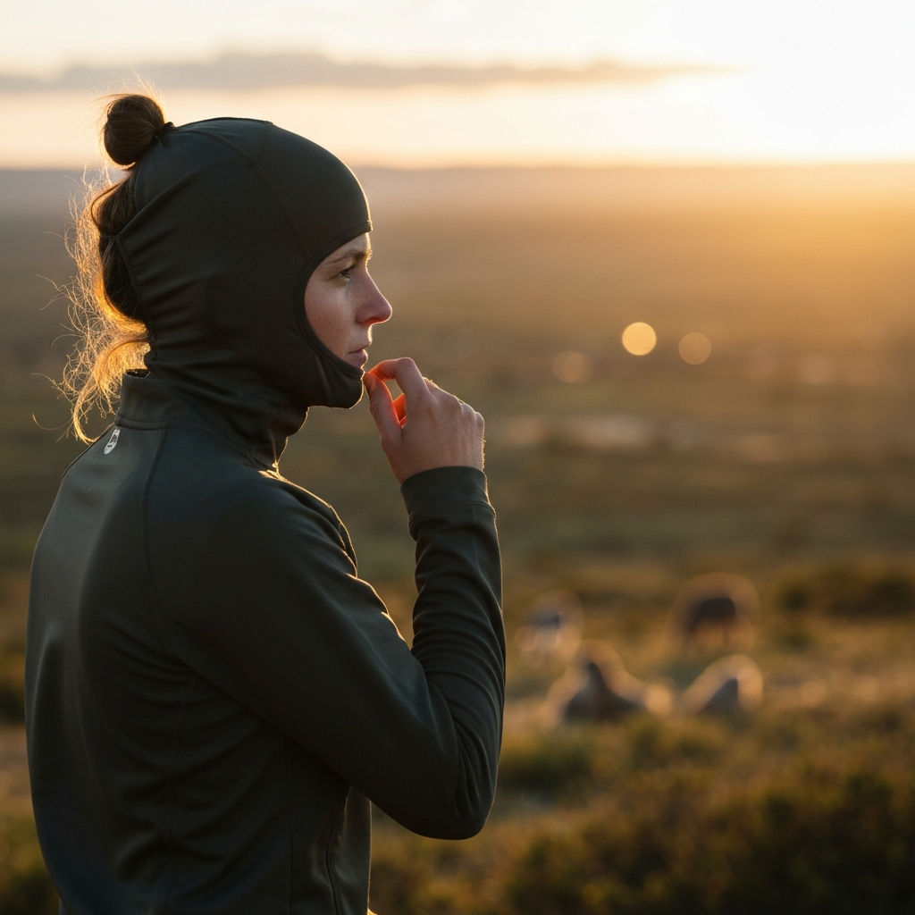 A person outdoors, bathed in golden hour lighting, gazing thoughtfully at a distant landscape with a diverse range of animal habitats. Soft bokeh blurs the background.