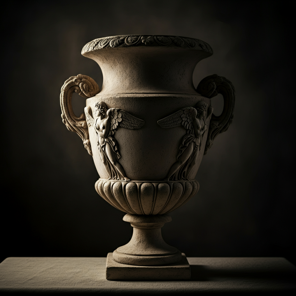 A detailed still-life photograph of a weathered Grecian urn. Soft, diffused light illuminates the urn, highlighting the subtle textures and carvings depicting winged figures. Focus is shallow, with a soft bokeh effect in the background.