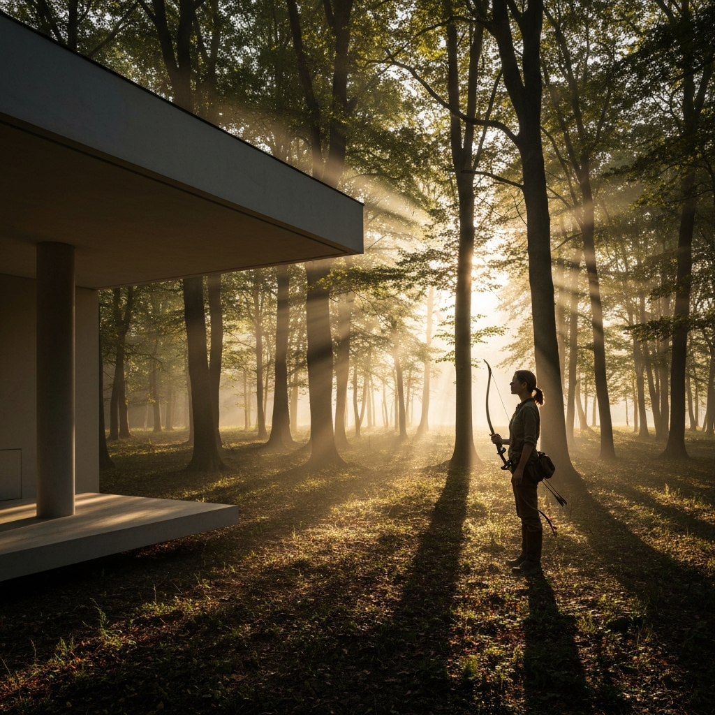 A sun-drenched forest clearing at dawn. Golden hour lighting streams through the trees, creating dappled patterns on the forest floor. A woman, dressed in simple, functional attire, stands silhouetted against the light, holding a hunting bow. The scene exudes a sense of peace and tranquility.