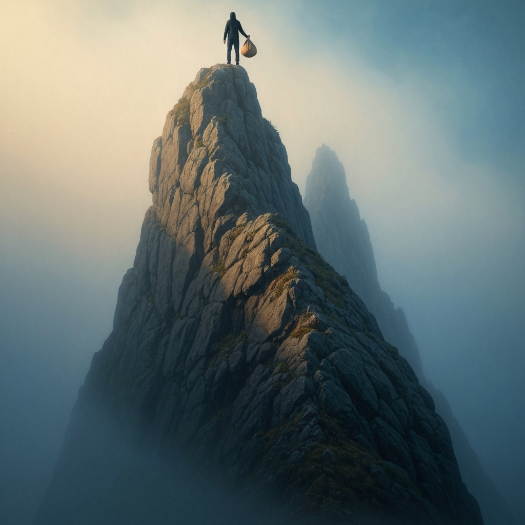 A dramatic painting depicting a rocky island shrouded in mist. Strong, side-lit textures emphasize the harshness of the landscape. A figure stands on the highest peak, holding a large, tied bag. The color palette is dominated by blues, grays, and browns, creating a sense of foreboding.