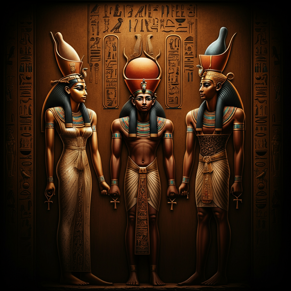 A stylized depiction of Shu standing between the sky goddess Nut and the earth god Geb. Hieroglyphs and traditional Egyptian motifs adorn the background. The lighting is soft and even, highlighting the intricate details of the figures' garments and headdresses.