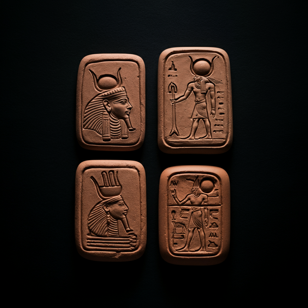 A series of four small clay tablets, each depicting a different wind god from Egyptian mythology. The tablets are arranged in a square formation, with a simple compass rose in the center. The lighting is focused, emphasizing the textures and details of the clay.