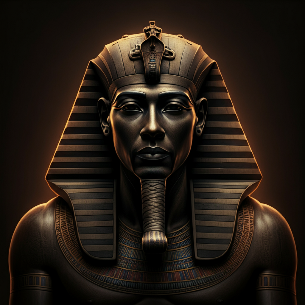A regal statue of Amun-Ra, crafted from dark stone. The statue is bathed in warm, golden light, highlighting the majestic features and intricate details of the headdress. A faint glow emanates from the statue, suggesting the hidden power within.