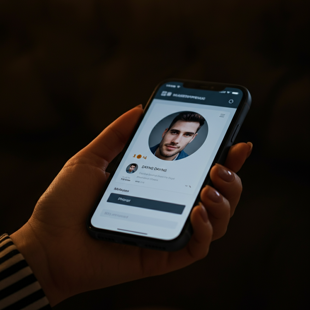 A close-up of a phone screen showing a dating profile with a single, slightly out-of-focus photo of a man's face. Soft, diffused lighting. The phone is held in a woman's hand, with manicured nails visible.