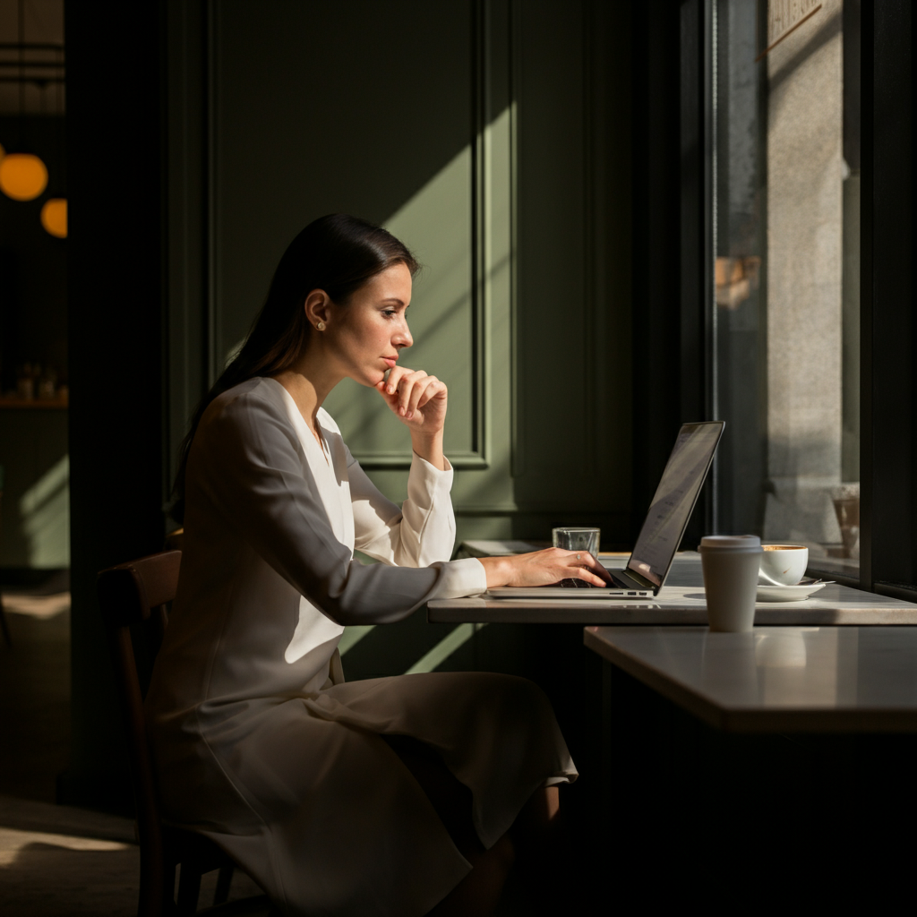 A woman sitting at a cafe table, laptop open in front of her. She is thoughtfully looking at the screen, with a half-empty coffee cup beside the laptop. Natural daylight streaming in through the window.