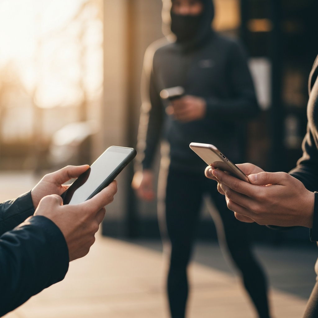 Two hands holding smartphones, seemingly engaged in a text message conversation. The background is blurred, suggesting a public place like a coffee shop.