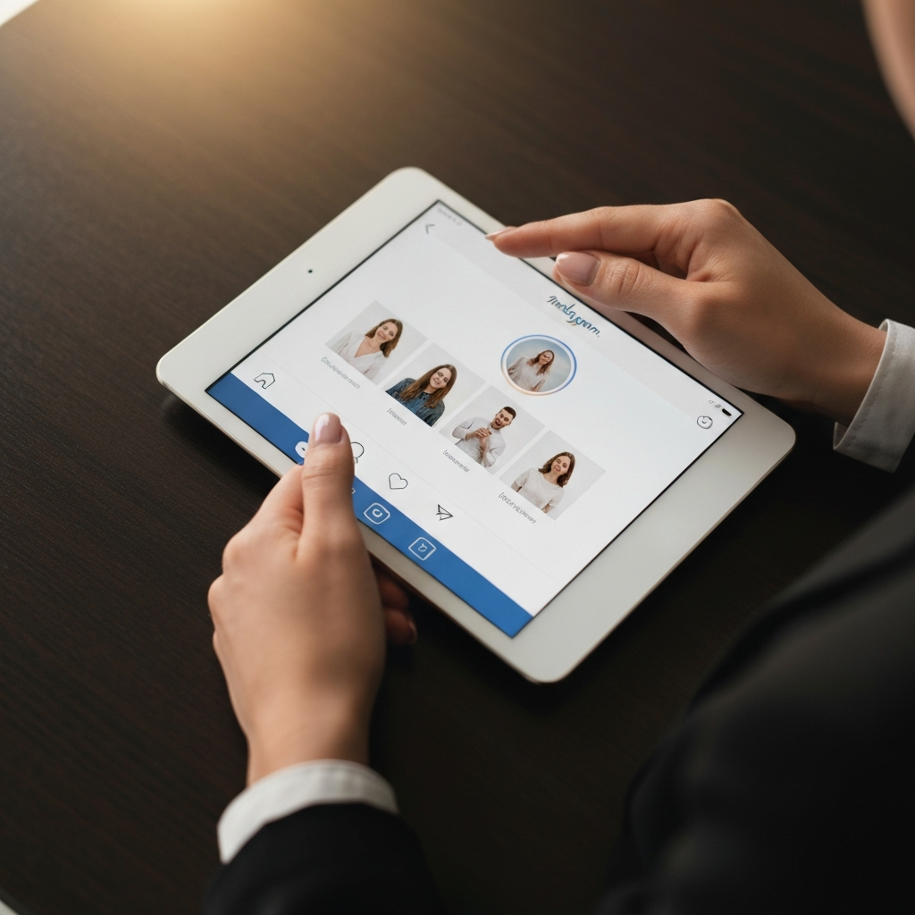 A woman's hands scrolling through an Instagram profile on a tablet. The profile shows a collection of photos, but none featuring the profile owner with a romantic partner. Golden hour lighting enhances the texture of the tablet screen.