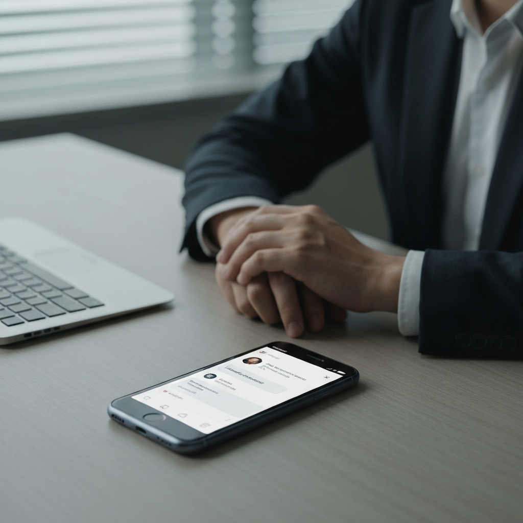 An office desk with a smartphone lying face up. A notification from a dating app is visible on the screen. Soft, indirect lighting creates a professional atmosphere.