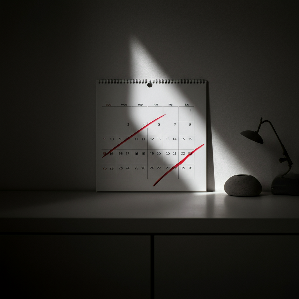 A calendar hanging on a wall, with several dates crossed out. The lighting is bright and evenly distributed, highlighting the calendar's texture.