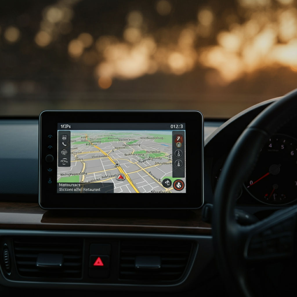 A GPS navigation system showing a route to a restaurant. The screen is side-lit, creating a soft glow. The dashboard of a car is visible in the background.