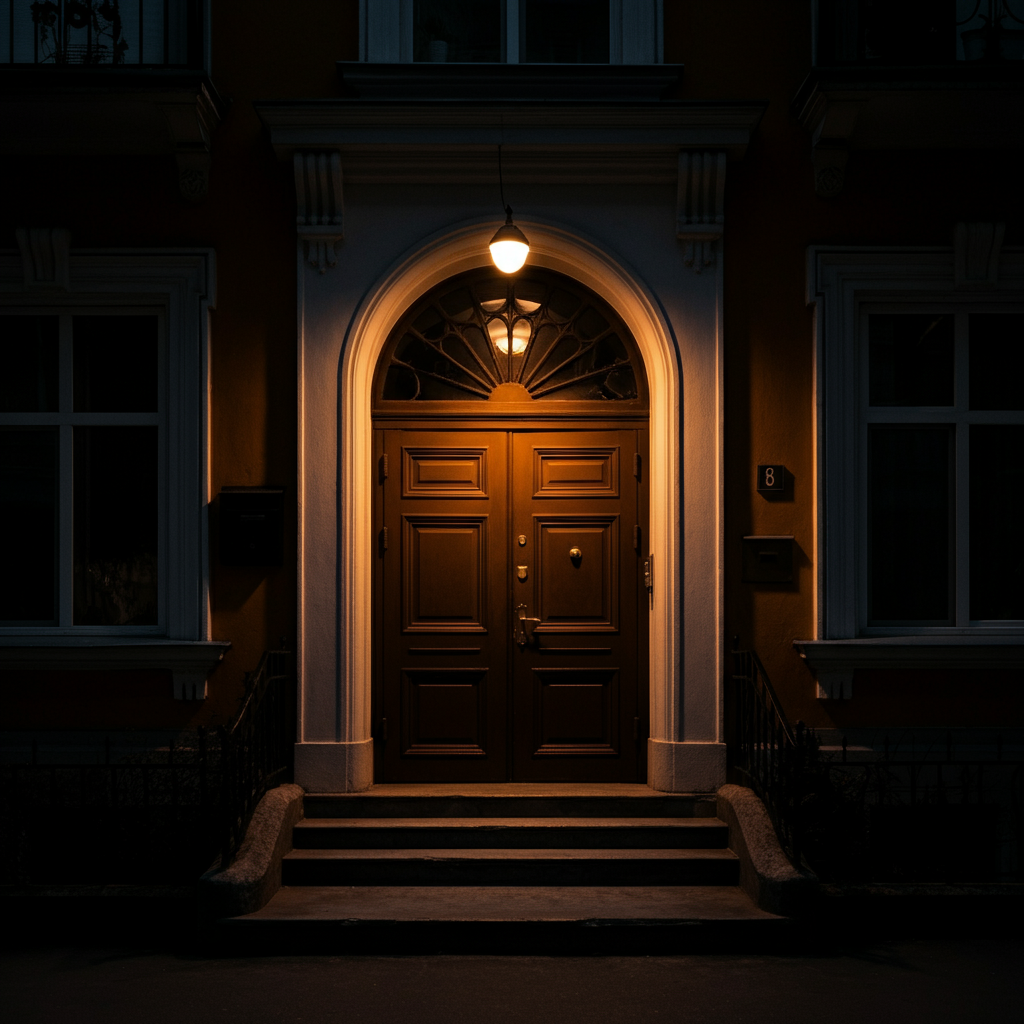 A front door of an apartment building, seen from the outside. The lighting is warm and inviting, with soft shadows highlighting the door's details.