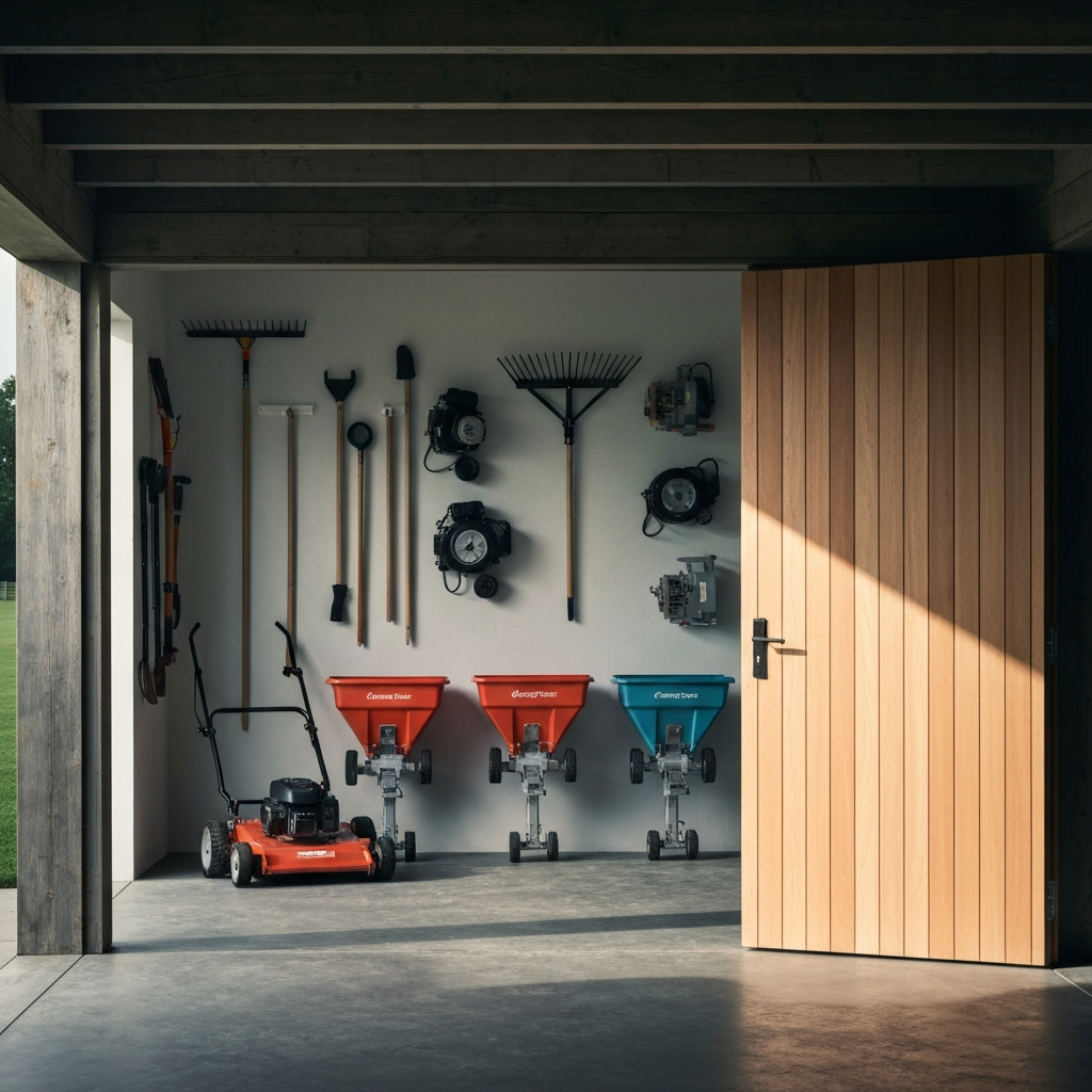 A well-organized shed with various field maintenance tools hanging on the walls. Mowers, rakes, spreaders, and chalk lining machines are neatly arranged. Soft natural light streams in through an open doorway, highlighting the textures of the metal and wood.