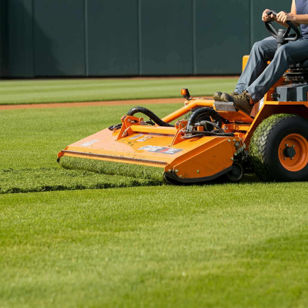 A groundskeeper operating a large, professional-grade field mower on a lush green baseball field. The mower is mid-action, with freshly cut grass visible behind it. The scene is shot in soft morning light, capturing the vibrant colors of the grass and the machine.