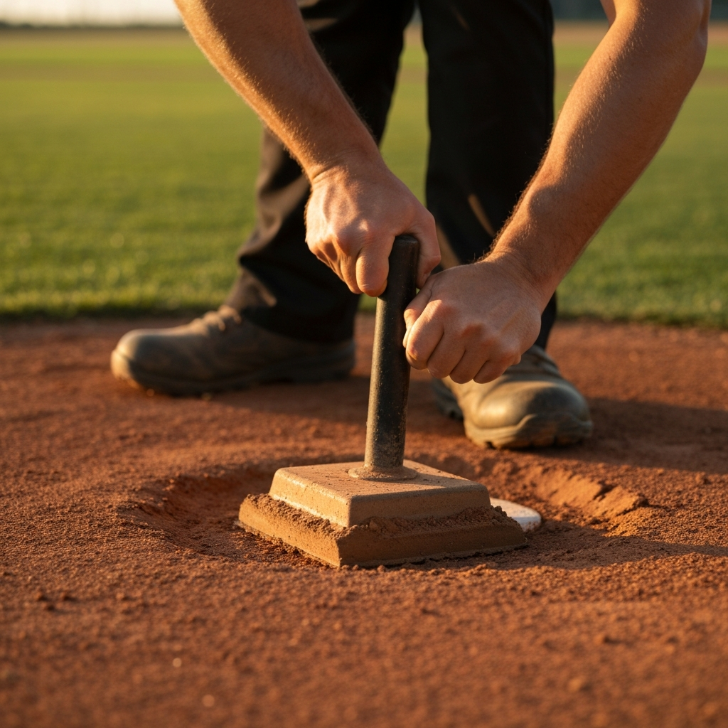 A close-up shot of a groundskeeper carefully using a hand tamper to compact the clay around the pitching rubber on a baseball field. The clay is slightly damp and textured, with the tamper showing signs of use. Golden hour lighting highlights the details.
