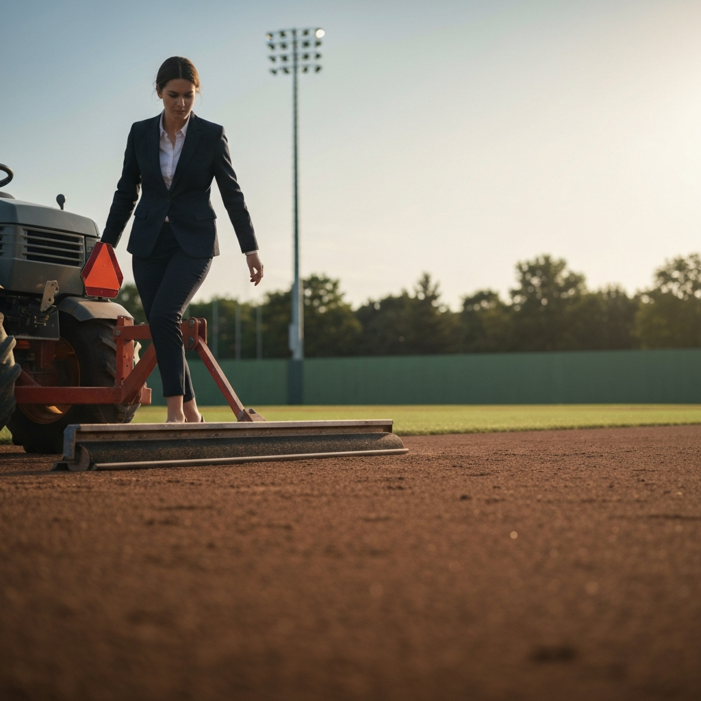 An infield drag mat being pulled across a baseball field, smoothing the dirt surface. The drag is attached to a small tractor, and the scene is shot from a low angle to emphasize the leveling action. Soft, diffuse lighting provides even illumination.