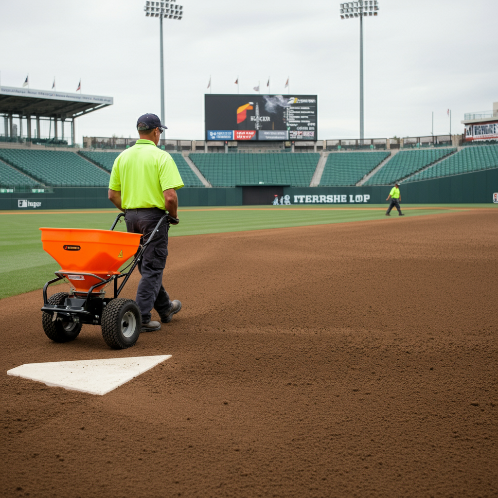 A groundskeeper using a walk-behind spreader to distribute soil conditioner evenly across the infield of a baseball field. The scene is shot from a medium distance, showing the person's movements and the texture of the soil. Overcast lighting provides soft, even illumination.