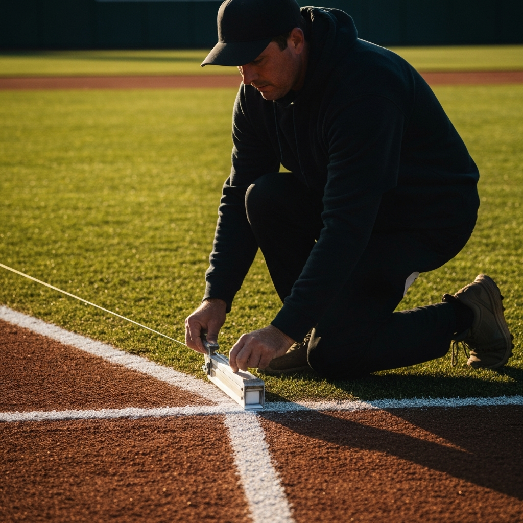A groundskeeper using a chalk liner to create a crisp, white foul line on a baseball field. The person is kneeling and carefully guiding the machine along a string line. Bright, sunny weather casts sharp shadows, highlighting the precision of the work.