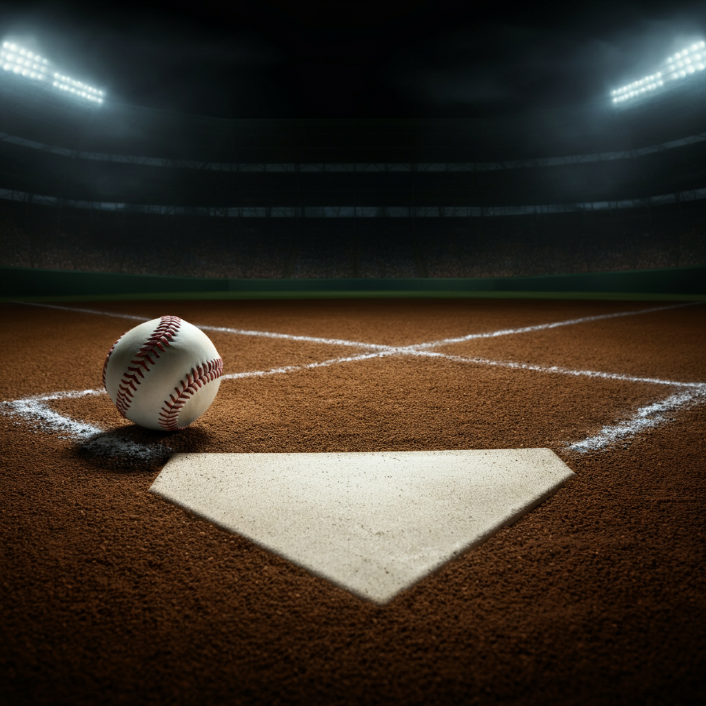 A close-up shot of the batter's box, freshly marked with white chalk lines on the infield dirt. The scene is lit by stadium lights, creating a dramatic effect. The texture of the dirt and chalk are clearly visible.